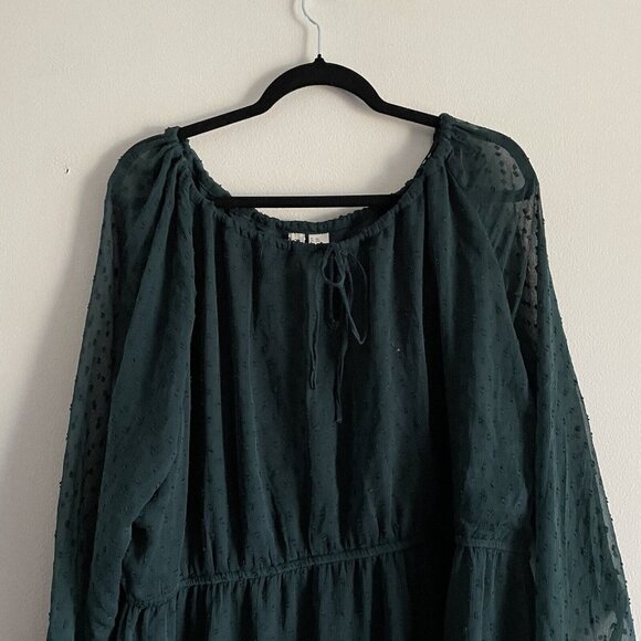 H & M Divided Women Plus 3XL Green Swiss Dot Sheer Long Sleeve Blouson Dress NWT - Picture 4 of 11